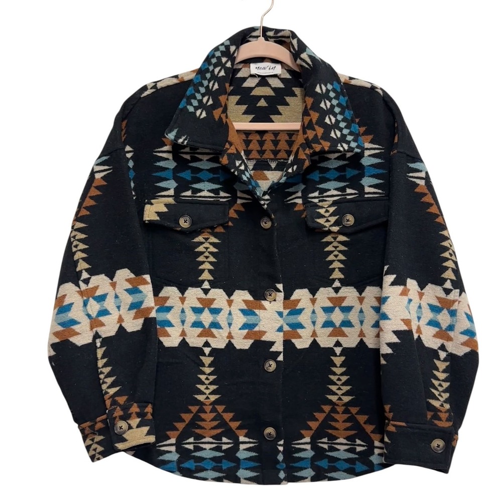 New In Women's M Aztec Shacket Jacket Black Western Southwest Button Front - Picture 1 of 7